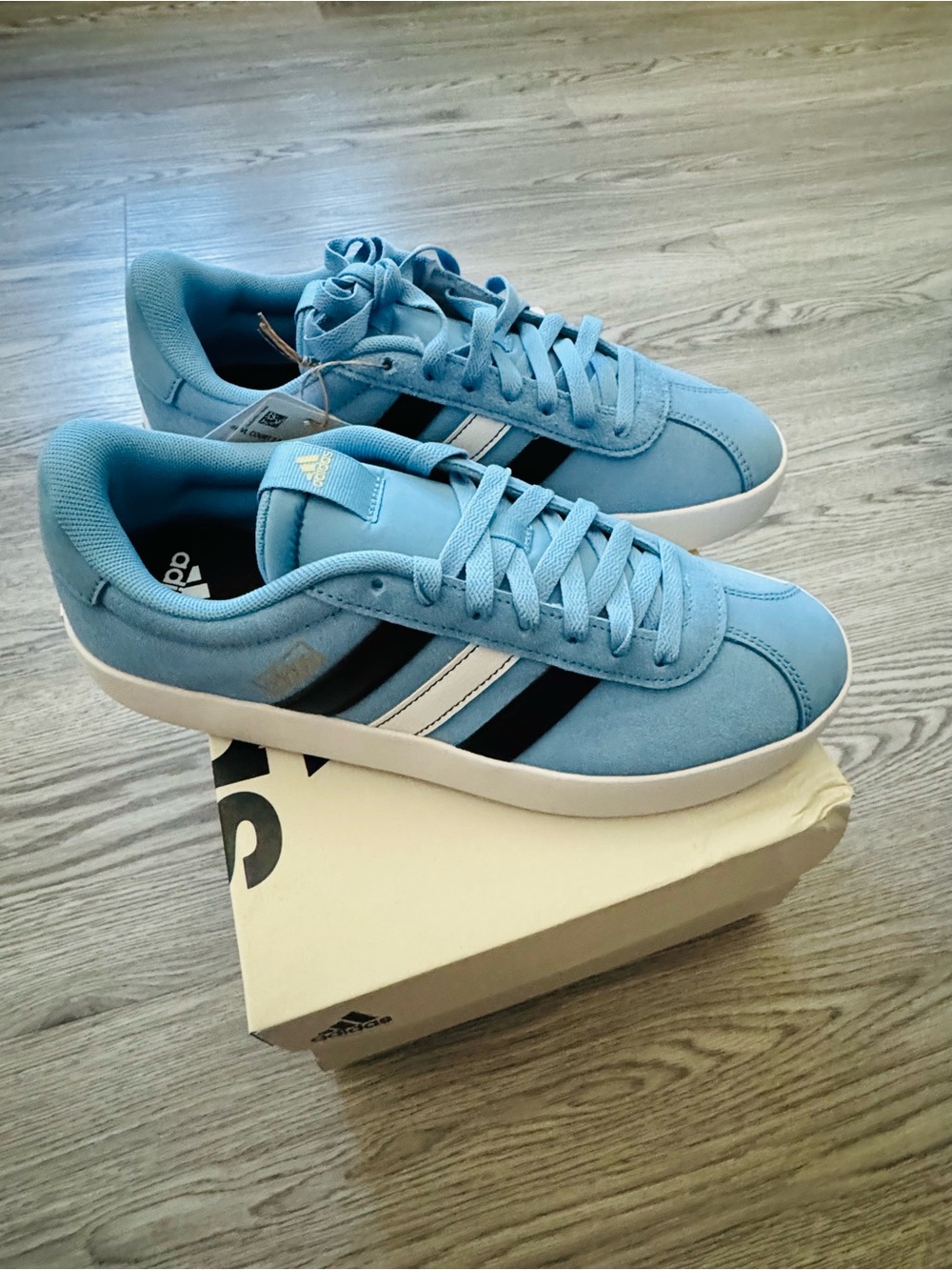 Adidas MEN Light Blue Suede Sneakers with Black & White Stripes Sz8